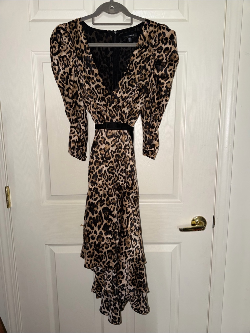 Lucy Paris Leopard Print Long Sleeve Wrap Dress in Brown and Black
